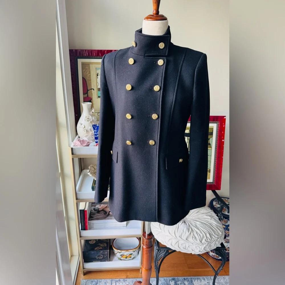 Zara MANTECO premium wool Black Pea Coat with Gold Accents - Picture 1 of 8